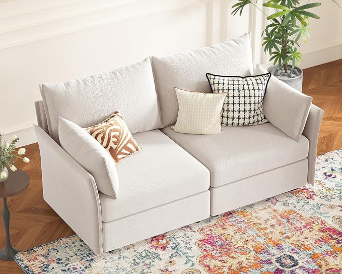 ABCASA Oversized Loveseat Sofa, Modern Modular Sectional Couch White Fluffy Chenille Mid Century 2-Seat 24.5" Deep Seat for Apartment, Living Room, Bedroom