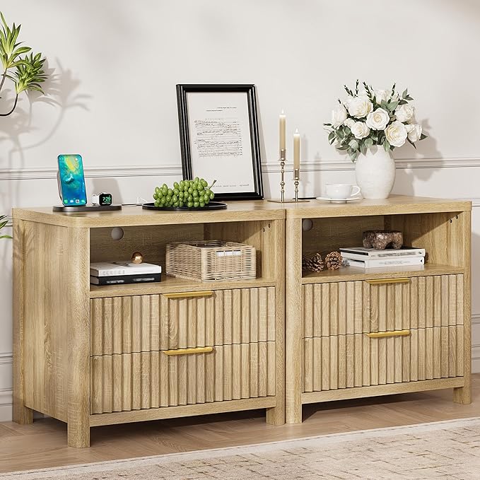 CypBed NightStand Set of 2 with Charging Station, Bedside Tables with 2 Drawers & Storage Shelf, Wood Fluted Nightstand with Rounded Corner Design, Modern End Table for Bedroom, Easy Assembly