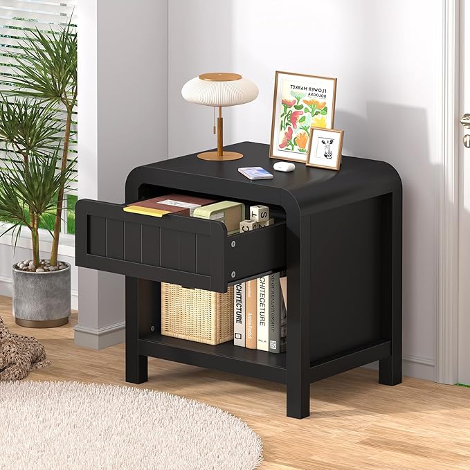 IKENO Wood Nightstand with Storage Drawer, 21" Wide Night Stand with Curved Profile Design, Bedside End Table for Bedroom, Living Room, Closet (1, Black, 1 Drawer)
