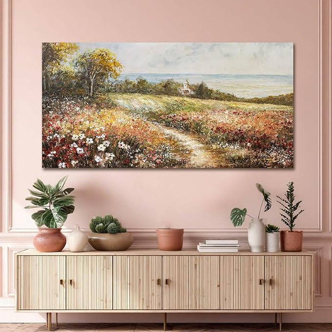 YETHEN WAL Floral Wildflower Meadow Wall Art – Countryside Cottage Landscape Canvas Print, Rustic Farmhouse Coastal Décor for Hallway Living Room Bedroom, 20×40 Inch