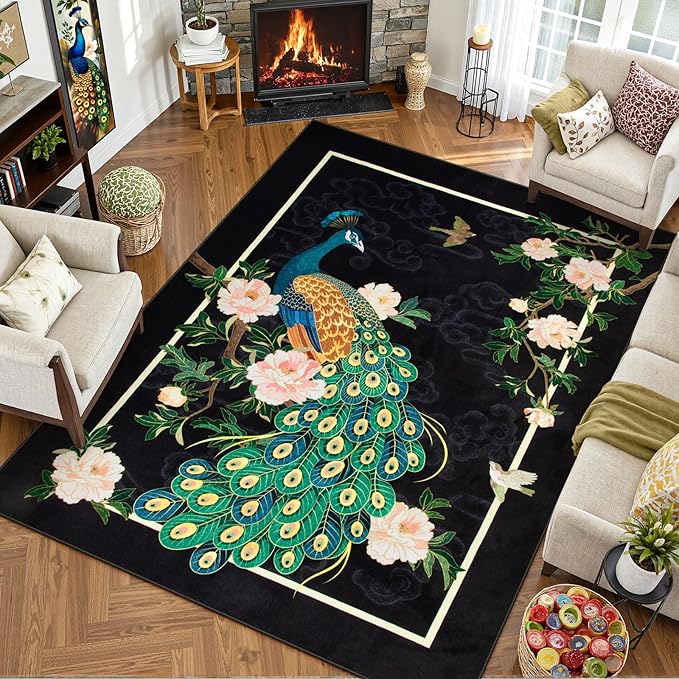Lahome Peacock Washable Rugs 5x7, Soft Black Rug for Living Room Bedroom, Floral Vintage Non-Slip Low Pile Stain Resistance Carpet for Farmhouse Dining Room Office, Black
