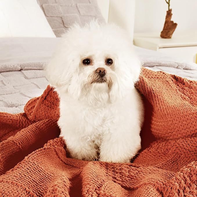 Amélie Home Checkered Chenille Knit Throw Blanket for Couch, Classic Texture Decorative Soft Blanket for Sofa, Chair & Bedroom, 50"x60", Burnt Orange