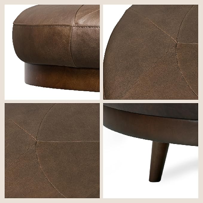 Poly & BARK Gio Ottoman – 30” Round with Feather-Down Topper – Full-Grain Leather Upholstery – Couch Ottoman for Living Room – Vintage Italian Leather in Cocoa Brown