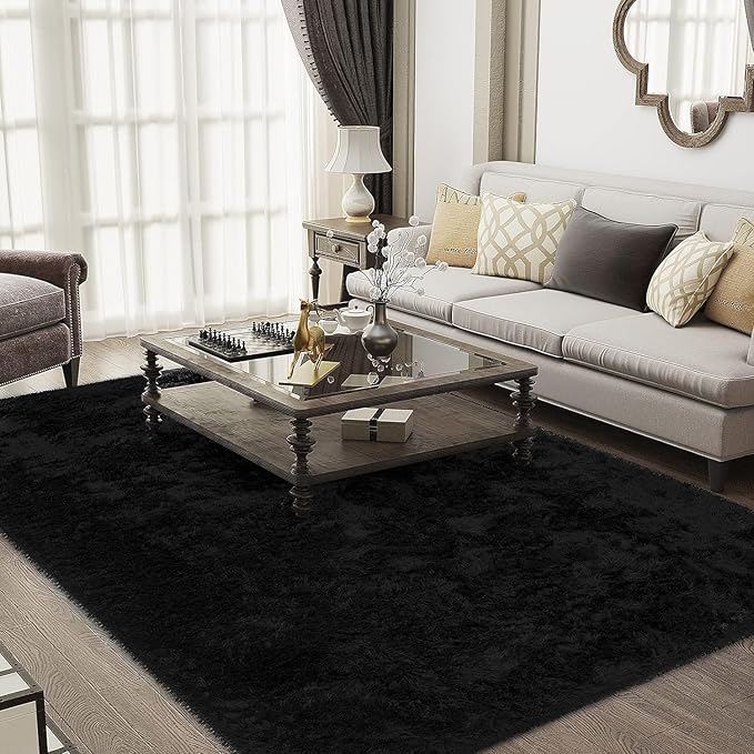 Ophanie 5x8 Rugs for Living Room, Charcoal Black, Large Fluffy Fuzzy Plush Shag Shag Comfy Soft, Non-Slip Indoor Floor Carpet, for Kids Boys Girls Dorm, Room, Bedroom, Playroom, Home Decor Aesthetic