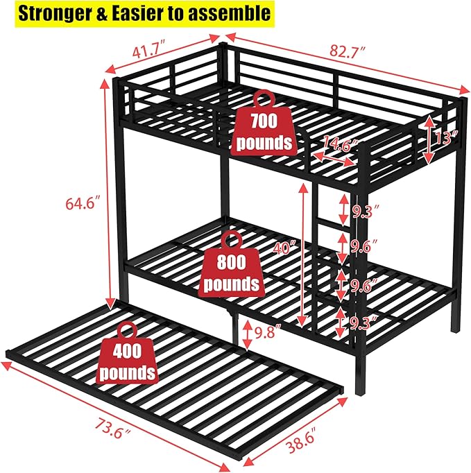 SIGONE Stronger & Safer Heavy Duty Twin XL Over Twin XL Bunk Bed with Twin Trundle for Adults Teens, Thickened More Stable Metal Bunkbed Frame (Greater Weight Capacity)