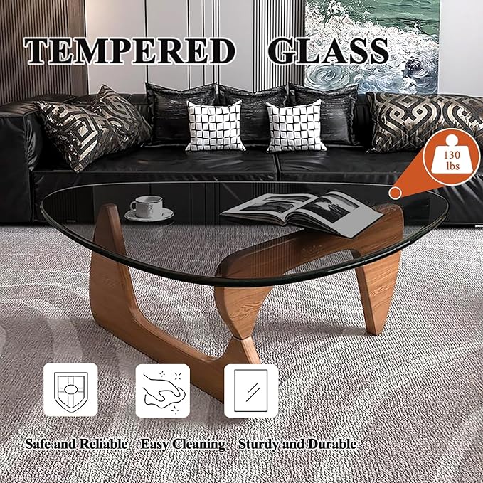 Mid Century Modern Glass Coffee Table, Coffee Table for Living Room, Brown Glass Coffee Tables,Suitable for Bedroom Living Room Reception Office Tables (Walnut/Grey, Medium 35.8 * 25.5 * 16in)