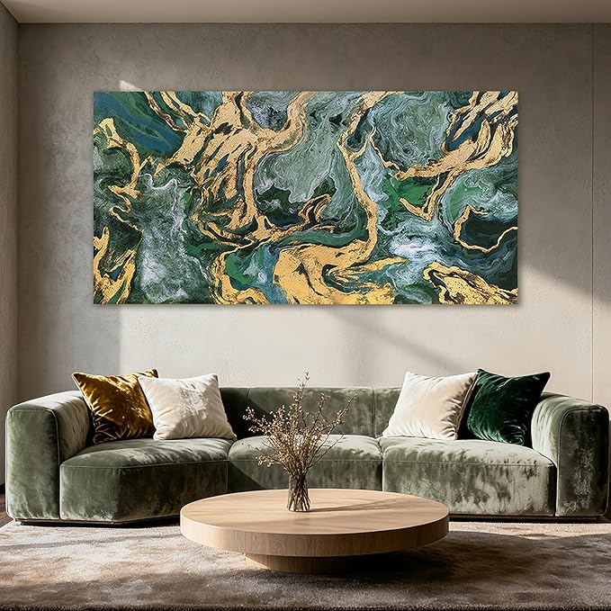 YETHEN WAL Emerald Green Canvas Wall Art, Gold Foil Marble Fluid Texture Art Prints, Large Modern Artwork for Living Room Bedroom Office 29x58 Inch