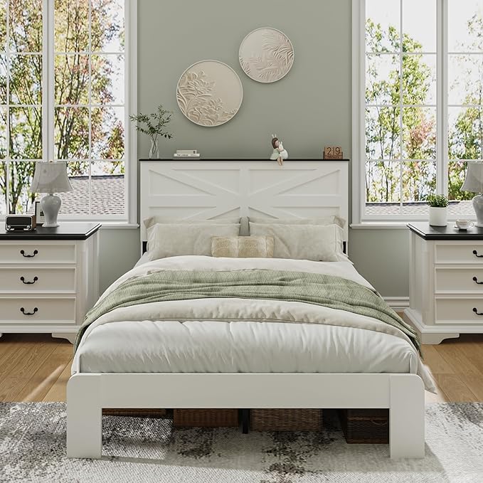 Queen Size Farmhouse Wooden Bed Frame with Headboard, Boho Platform Bedframe Sturdy Metal Slats Support, Spring Needed, Noisy Free, Easy Assembly (Queen, White)