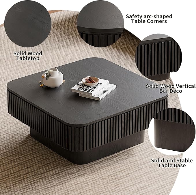 LKTART Coffee Table for Living Room, Accent Fluted Square Coffee Table with Hidden Storage, Modern Solid Wood Veneered Circle Center Tea Table for Small Space Apartment (31.5''D×14''H-Black)