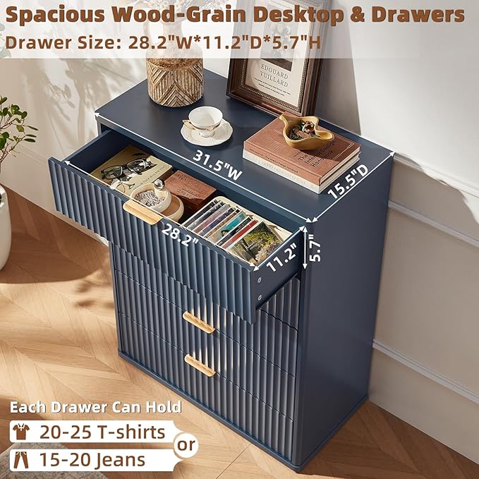 LEYAOYAO Fluted 5 Drawers Dresser Set of 2, 41" Tall Modern Chest of Drawers with Metal Handle, Curved Profile Dresser TV Stand, Wooden Drawer Organizer for Bedroom, Living Room, Hallway, Lightgrey