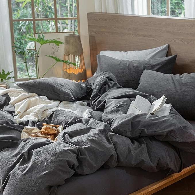 MooMee Wavy Striped Duvet Cover Set 100% Washed Cotton Linen Like Textured Breathable Durable Soft Comfy (Charocal Grey, Oversized Queen 98"x98")