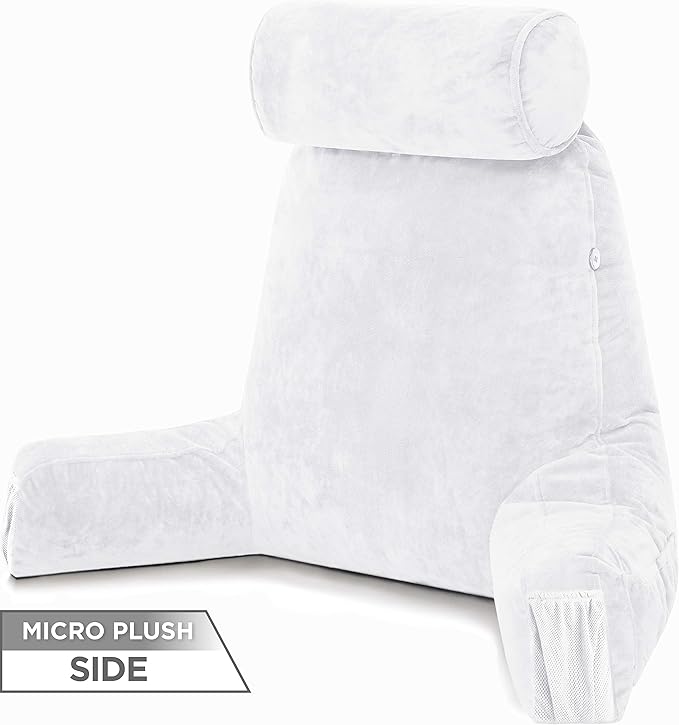 Husband Pillow Medium Aspen Edition White Dandelion, Sit Up Reading & Bed Rest with Arms, Ultra-Comfy, Detach Neck Roll - Premium Shredded Memory Foam Backrest, Reverses to Micro: Suede or Plush
