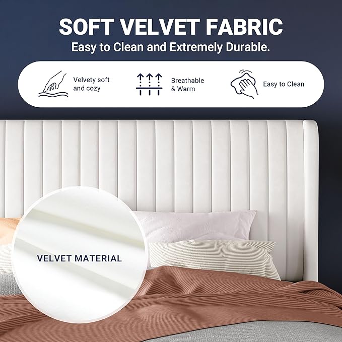 Allewie Queen Size Velvet Bed Frame/Vertical Channel Tufted Wingback Headboard/Upholstered Platform Bed/Strong Wooden Slats/No Box Spring Needed/Easy Assembly/White