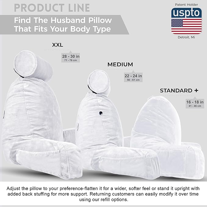 Husband Pillow White, Original Reading Pillow in Bed Rest Chair, Shredded Memory Foam Large Lounge Cushion Adult Backrest with Arms, Comfy Back Support for Sit Sitting Up, Washable/Removable Cover