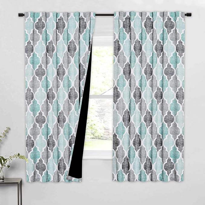 Beauoop 100% Blackout Curtains 63 Inches Long 2 Panels for Bedroom Living Room Aqua Grey Moroccan Geo Room Darkening Thermal Insulated Soundproof Rod Pocket Back Tab Window Treatments Drapes, 50x63