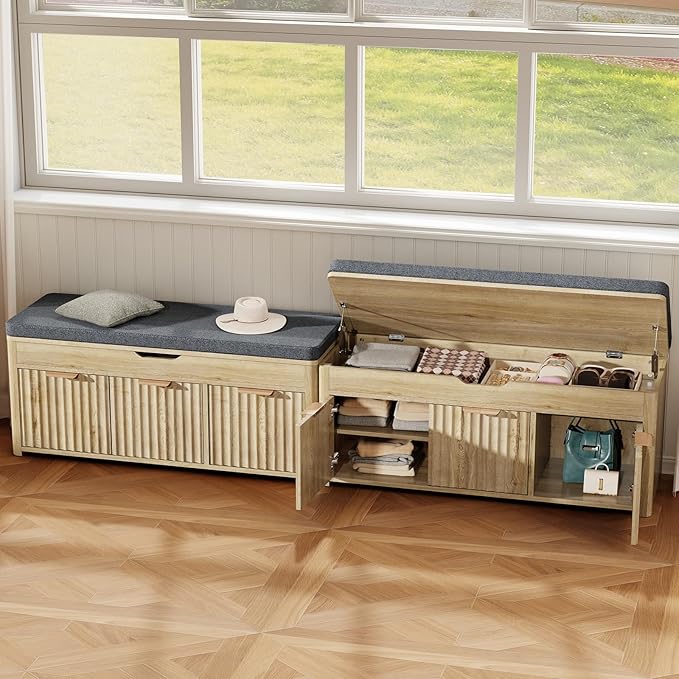 Shoe Bench with Storage - Lift Top Entryway Bench with Hidden Storage, Shoe Rack with Adjustable Shelves and Cushioned Seat, Wooden End of Bed Bench for Bedroom, Living Room and Hallway,Nature