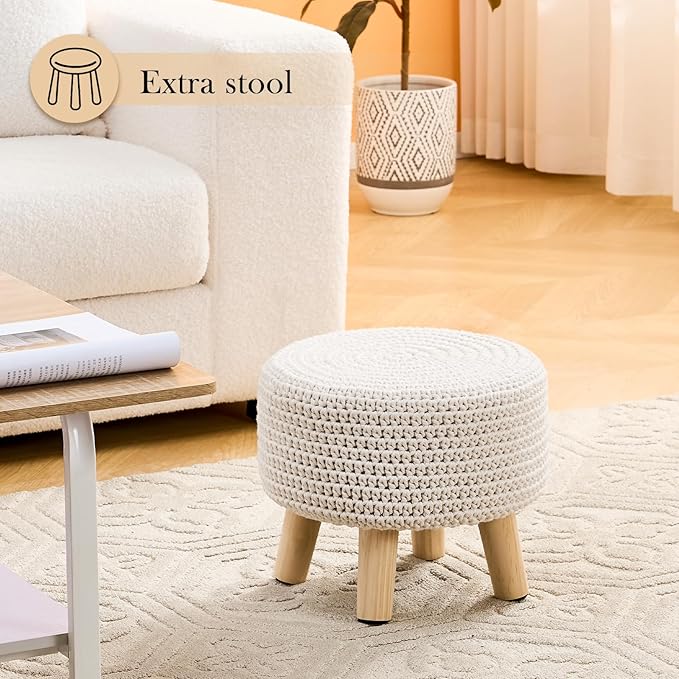 LGENHOOM Boho Ottoman Foot Stool Cotton Knitted Round Pouf Ottoman Foot Rest Stool with Non-Skid Wooden Legs Step Stool Padded Seat for Living Room White