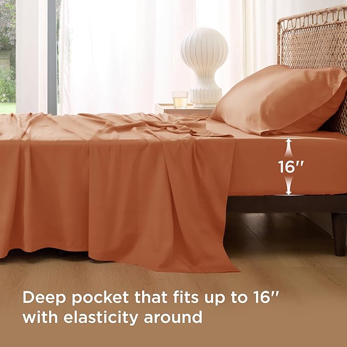 Bedsure Cooling Sheets Twin XL, Rayon Derived from Bamboo, Breathable & Soft Twin XL Sheet Sets, Deep Pocket Up to 16 Inches, Hotel Luxury Silky Dorm Bedding for Hot Sleepers, Burnt Orange