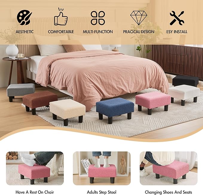 BRIAN & DANY Small Foot Stool Ottoman, Footstool with Legs, Teddy Velvet Foot Rest for Living Room, Bedroom and Office, Hot Pink