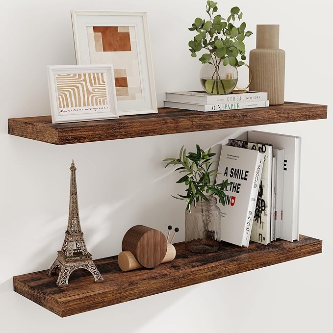 40 Inch Floating Shelves for Wall, 9.3 Inch Deep Shelves for Books & Decor, Wall-Mounted Floating Shelf 40 Inch Long Set of 2, Rustic Wooden Shelf for Living Room, Bedroom, Kitchen, Rustic Brown