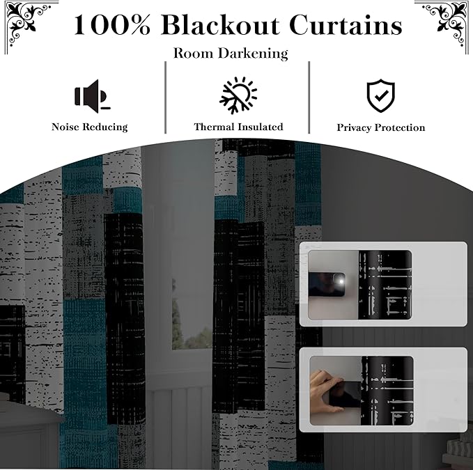Rustic Blue Grey 100% Blackout Curtains for Bedroom 84 inch Long 2 Panels Set Gray Modern Abstract Geometric Black Out Curtains Insulated Room Darkening Window Drapes for Living Room, 52Wx84L