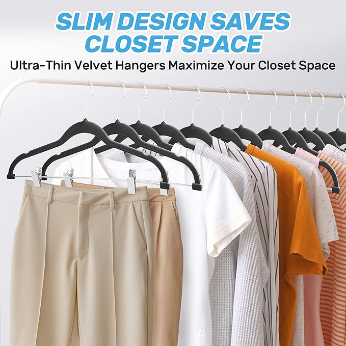 20 Pack Velvet Pants Hangers with Adjustable Clips, Heavy Duty Slim Non-Slip Flocked Hangers, Space-Saving Felt Clothes Hangers for Pants, Skirts, Jeans, and Dresses(Black)