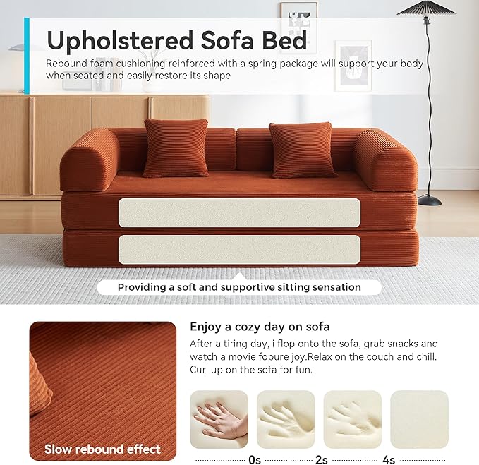 Convertible Sleeper Sofa with 2 Pillow, Modern Corduroy Futon Bed, Modular Sofa with Pull-Out Bed, Love Seat Sleeper for Living Room, Small Space Apartment, Office