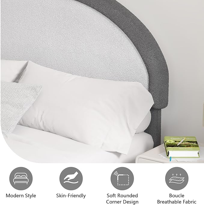 Full Size Bed Frame, Boucle Upholstered Platform Bed Frame with Headboard, Grey Bed Frame, Soft Rounded Corners, No Box Spring Required, Easy Assembly