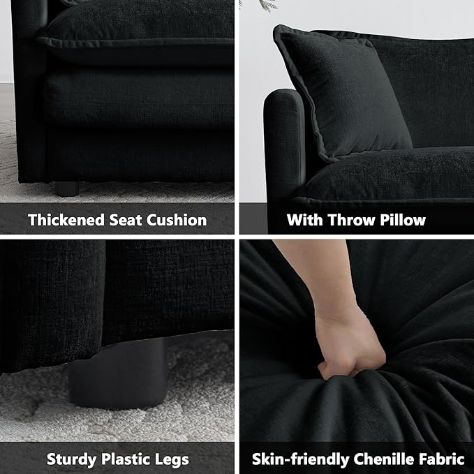 mikibama 41.4 Inch Single Seat Sofa, Chenille Comfy Deep Upholstered Couch Armchair with Toss Pillow for Living Room Bedroom Office Apartment, Black