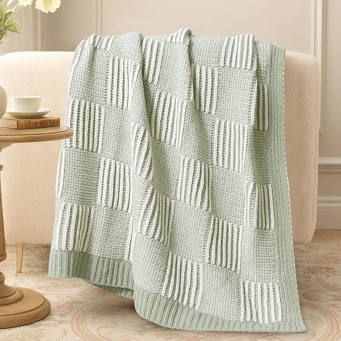 Amélie Home Checkered Knit Throw Blanket for Couch, Chenille Texture Decorative Soft Blanket for Sofa & Chair, 50"x60", Sage Green & White