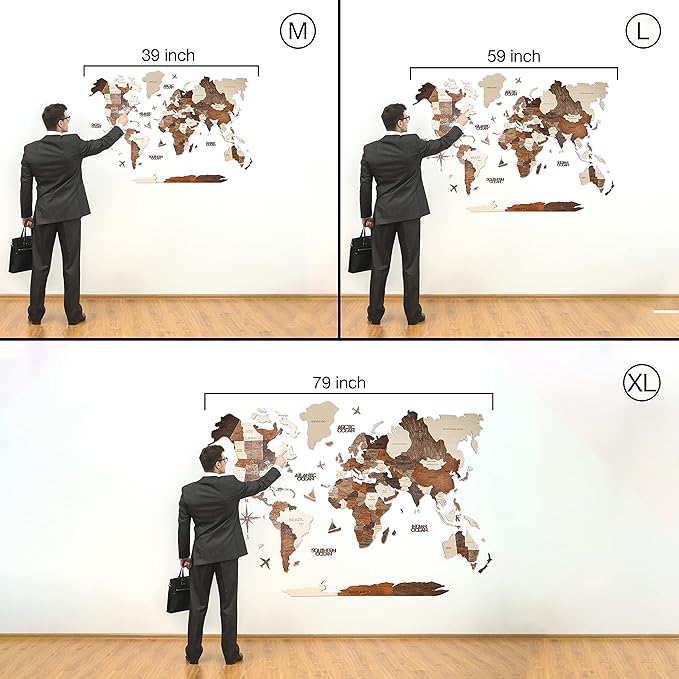 Handmade 3D Wood World Map Wall Art Large Wall Decor Track Your World Travels - Special for Home, Kitchen and Office (Large, Multicolor)