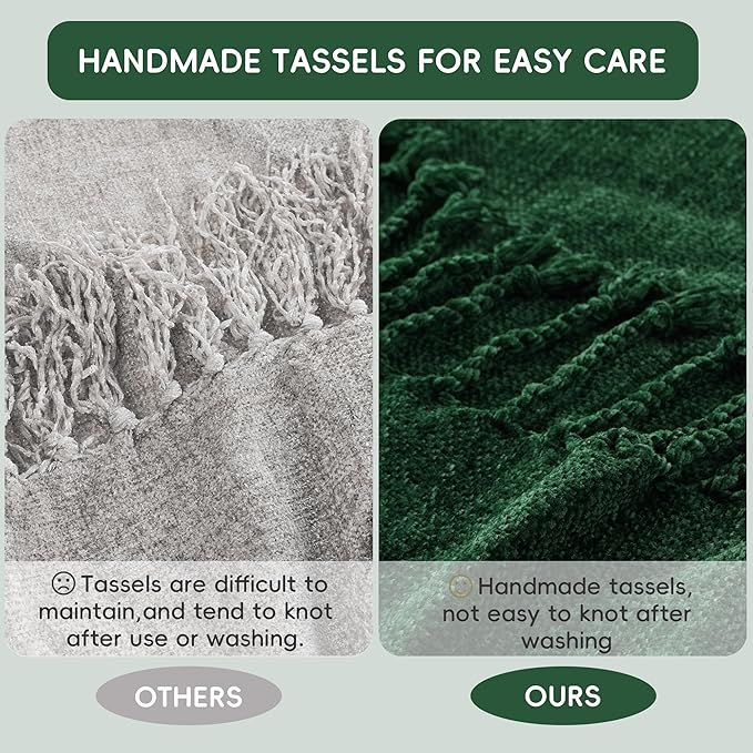 BATTILO HOME Chenille Knit Throw Blanket for Couch, Soft Cozy Christmas Green Knitted Throw Blanket with Fringe, Lightweight Blanket for Christmas Decoration, 50"x60"