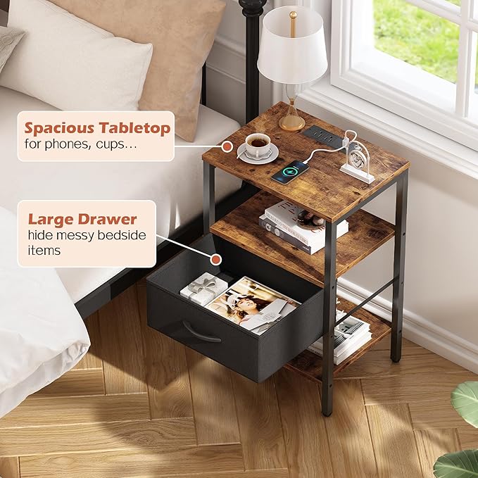SUPERJARE Nightstand Set of 2, Bed Side Tables with Charging Station, Adjustable Fabric Drawer, Night Stand for Bedroom, 3-Tier Storage End Tables, for Living Room, Rustic Brown and Black