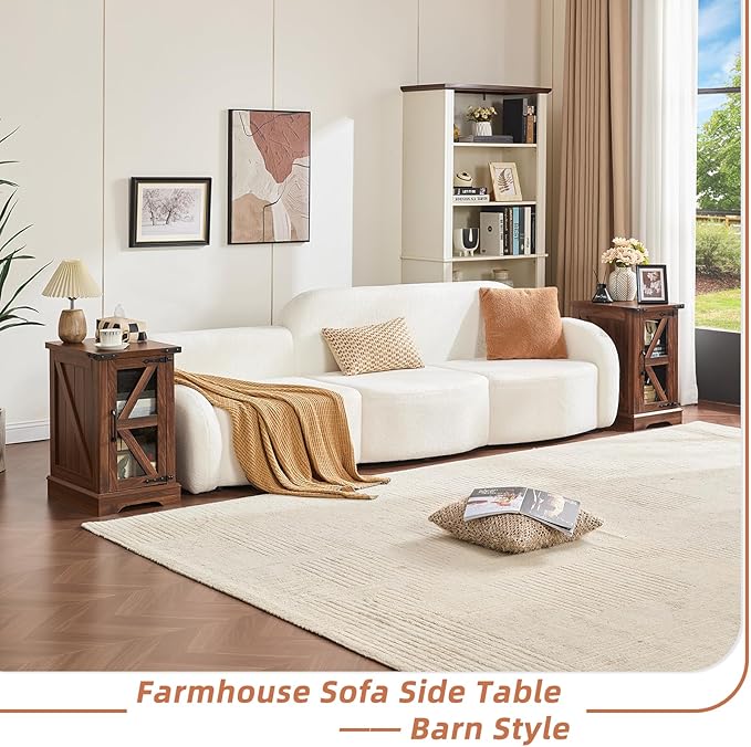 Farmhouse End Table Set 3, Narrow 18'' Night Stand with Glass Barn Door, 24" Square Side Table with Charger Station, Living Room Furniture Sets, Wood Nightstand Bedside Tables for Bedroom
