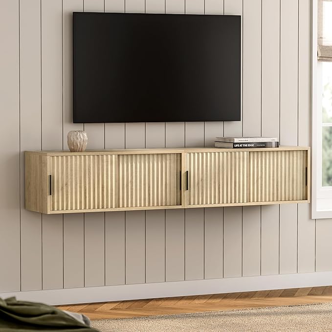 Large Wall Nightstand with Sliding Doors, Modern Fluted Night Stand Storage Shelf Wall Mounted Bedside Tables for Bedroom, Study Room Light Oak