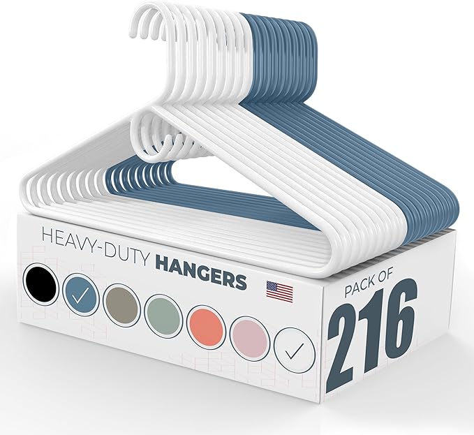 Neaties Heavy Duty Clothes Hangers 100+ Pack (216 Count) – Made in The USA – 8lb Capacity Plastic Hangers for Adult Clothing – Durable for Pants, Coats, Jackets, or Jeans – White & Blue