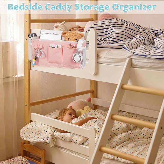 Loghot Bedside Caddy/Bedside Storage Bag Hanging Organizer for Bunk and Hospital Beds,Dorm Rooms Bed Rails,Can be Placed Glasses,Books,Mobile Phones,Keys (2pc Pink)