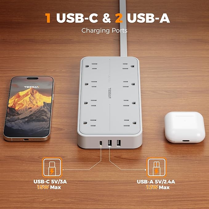 TESSAN Flat Plug Extension Cord 6 FT, Surge Protector Power Strip with 8 AC Outlets 3 USB (1 USB C), 1080 Joules, 1875W 15A, Multiple Wall Outlet Extender Station for Home Office School Dorm