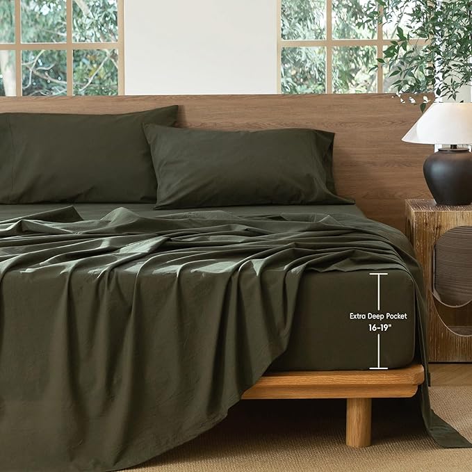 MooMee Fitted Bottom Sheet Only 100% Washed Cotton Linen Like Textured Breathable Durable Soft Comfy Deep Pocket Fits Mattress up to 17" (Olive Green, Queen)