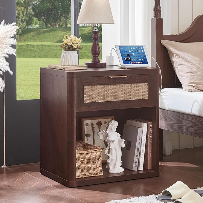 LEYAOYAO Rattan Nightstands Set of 2 with Charging Station, Walnut Night Stand with Drawer, 23" Wide Boho Bedside Table with Storage Shelf, Bed Side End Tables for Bedroom, Living Room, Hallway