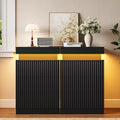 Nightstands Set of 2 with Charging Station & LED Lights, Modern Small Fluted Bedside & End Tables with 3 Drawers, Sliding Top & Hidden Storage, Wooden Farmhouse Night Stand for Bedroom Office, Black