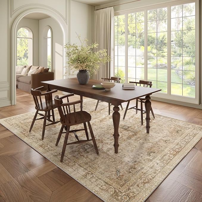 Washable 6x9 Area Rugs for Living Room, Boho Non-Slip Vintage Distress Large Rugs for Bedroom Dining Room Nursery Office, 0.3" Neutral Oriental Throw Thin Carpet, Brown/White/Multi