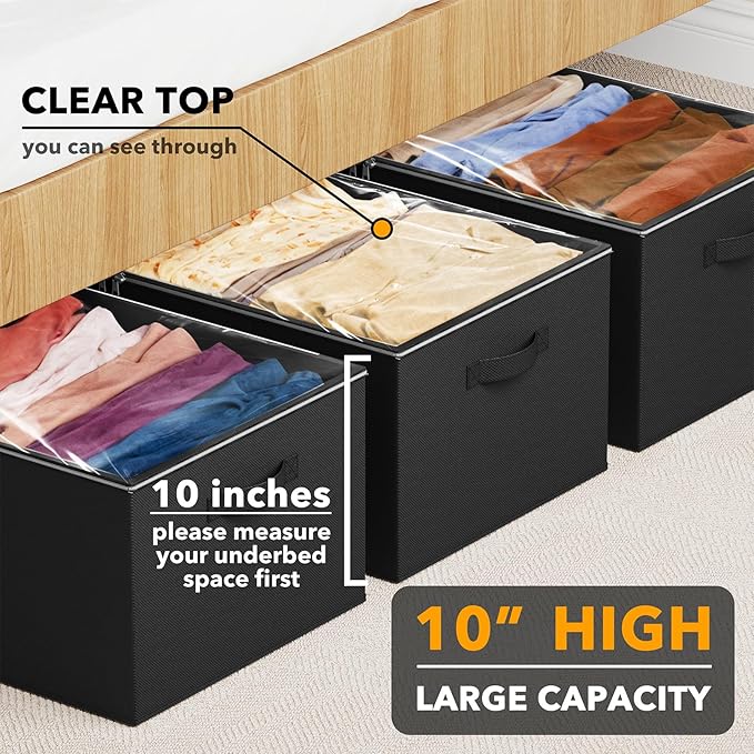 SpaceAid 3 Pack 10" High Under Bed Storage Containers, Large Underbed Storage Organizer Bins with Lids for Bedroom, Dorm, Clothes, Closet Organization, Bed Sheets and Blankets (Black)