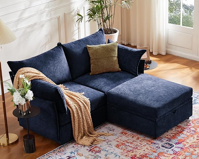 ABCASA Luxury Modular Sectional Sofa, L-Shaped 3-Seat Couch with Storage Ottoman Deep Seat & Reversible Chaise Lounge Chenille Blue for Compact Spaces, Apartments, Dorm