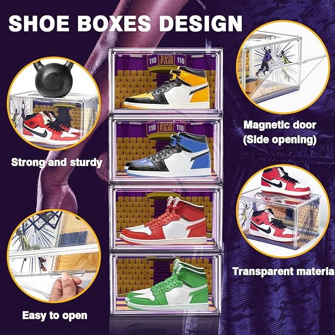 10 Pack Acrylic Shoe Box Size 14, Transparent Basketball Sneaker Case Shoe Orgainizer Storage Bins Clear Plastic Stackable Handbag Purse Hats Organizer Containers with Lids