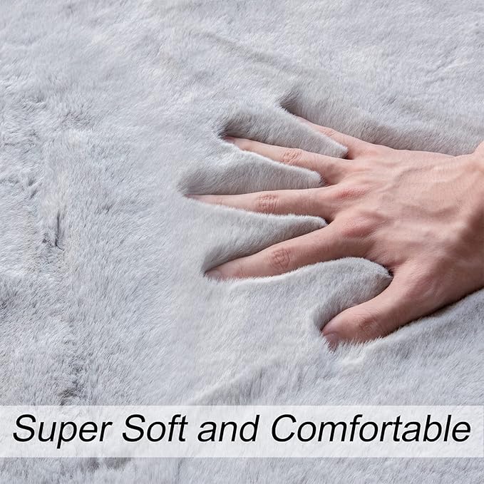 Grey Washable Fluffy Round Rugs 6ft Faux Bunny Fur Rugs for Living Room Bedroom Boho Circle Sheepskin Rug Teen Room Nursery Rug