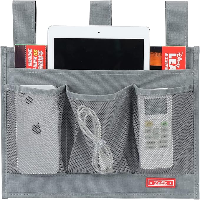 Zafit Hanging Bedside Caddy, Bedside Storage Organizer for Magazine, Phone, Remote control (Classic 4 Pockets-Grey)
