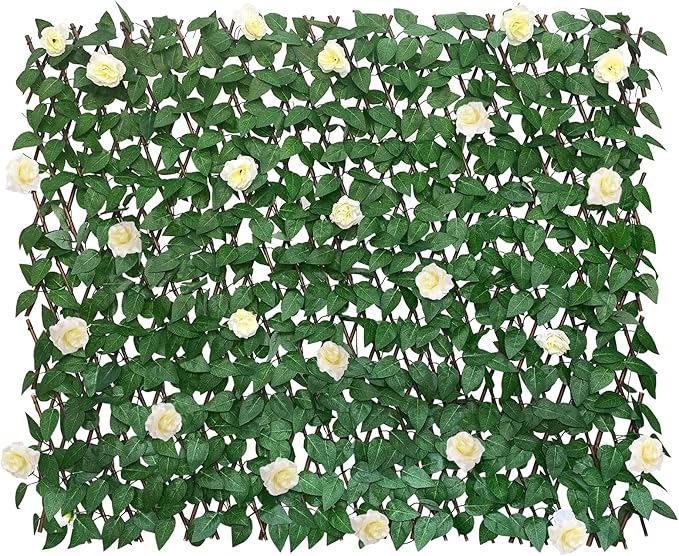 GLANT Expandable Fence Privacy Screen for Balcony Patio Outdoor,Decorative Faux Ivy Fencing Panel,Artificial Hedges (Single Sided Leaves) (4, White Rose)