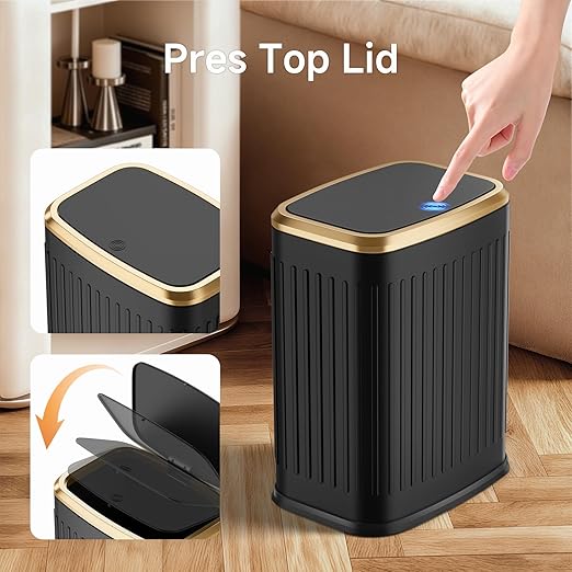 TIPGO Bathroom Trash Can with Lid, 2.1 Gallon / 8 Liter Small Garbage Can, Press Top Bin, Stainless Steel Wastebasket with Pop-Up Lid for Bedroom, Living Room, Office (Black)