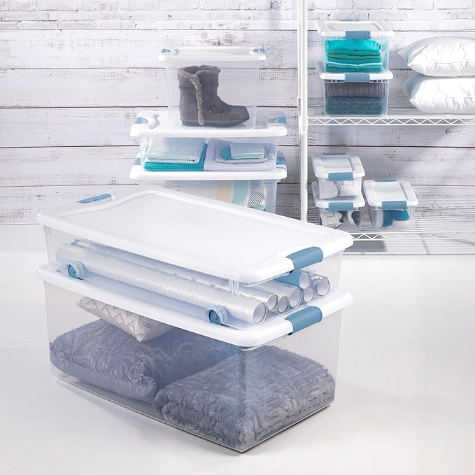 Sterilite 6-Pack Latching Box, Under Bed Storage Bins with Lids, Clear Plastic, 64 Quart - Heavy-Duty Organizing Containers for Closet, Bathroom, and Office